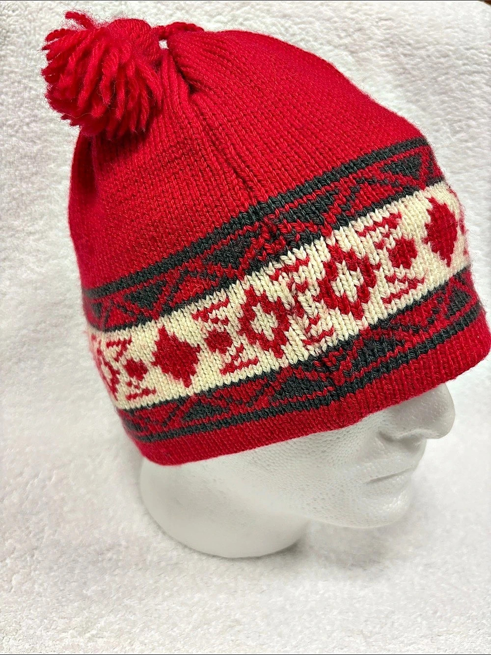 Vermont Originals Knit Pom Beanie Red & Cream Wool one size men’s non itch